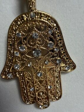 16” Gold toned Hamsa Hand Pendant with Clear Crystal Accents